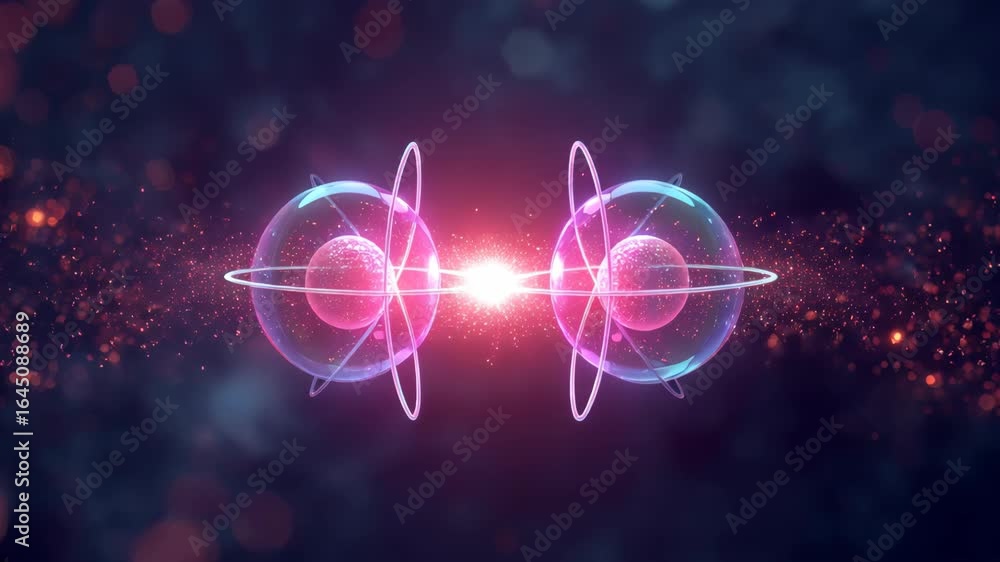 Poster visual representation of atomic structures with vibrant energy and glowing particles in space