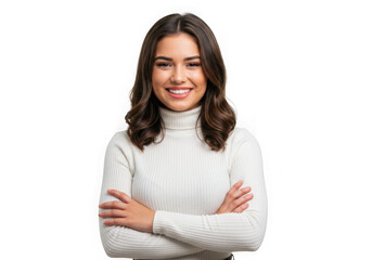 Naklejka premium Smiling young woman with arms crossed wearing a white turtleneck