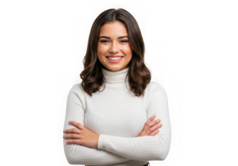 Smiling young woman with arms crossed wearing a white turtleneck
