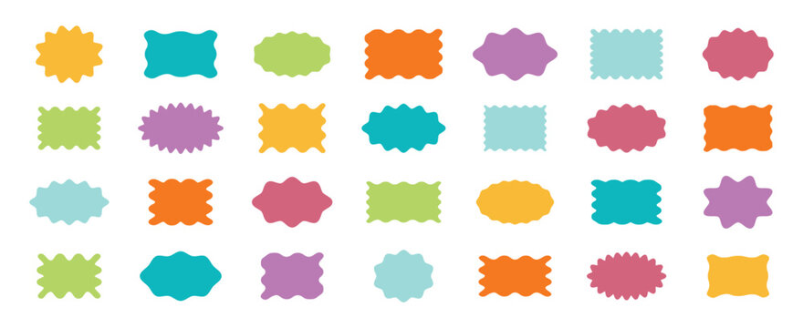 Zig zag wavy shape frames. Circles and rectangles with wavy zigzag edges. Scallop edge kids geometric stamps. Flat jagged rectangle and oval shapes set. Groovy kids wiggly backgrounds.