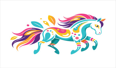 Naklejka premium Vibrant Colorful Horse Artistic Illustration, Abstract Design, Floral Mane and Tail, Unique Style