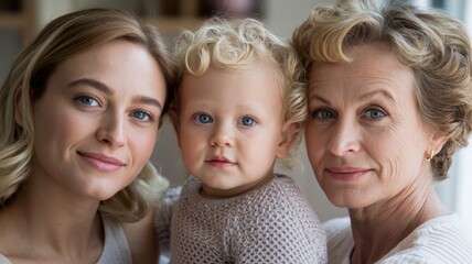 A heartfelt portrait of three generations: a grandmother, mother, and child, showcasing love and connection among family members.