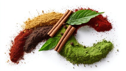 A vibrant, artful arrangement of five ground spices?red, brown, yellow, green, and cinnamon sticks?forms a stylized "C" on a white background, accented with fresh green leaves and peppercorns