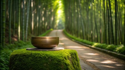 Sound Healing Therapy Tranquil path through a bamboo forest with a decorative bowl on a mossy stone.