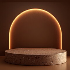 Podium illuminated with orange light creates striking backdrop for display showcasing modern design. Unique shape adds depth to presentation environment, emphasizing aesthetic appeal and visual charm