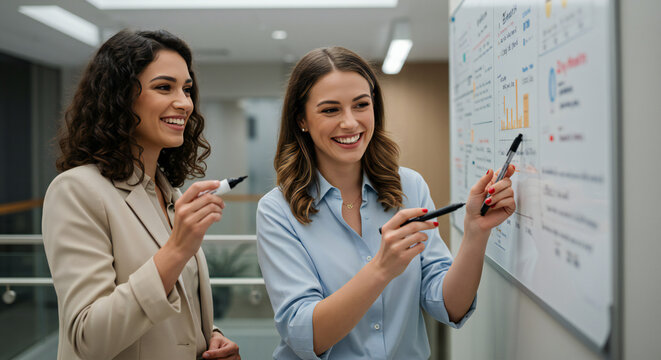 Two cheerful businesswomen collaborating and brainstorming on a whiteboard in an office.