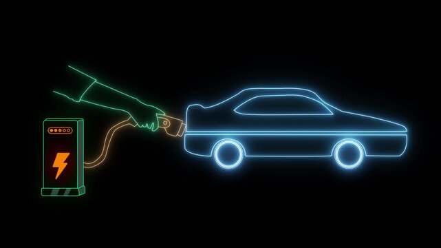 Power plug of electric car is plugged in and the green charge indicator lights up brightly. Man plugging in an electric car charger at a public station, symbolizing sustainable transportation - Powered by Adobe
