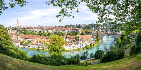 Bern city on the river Aare old town with church Berner Munster panorama in Switzerland
