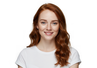 Smiling young woman with red hair and freckles against a black background