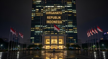 'Dirgahayu Republik Indonesia' illuminated on a modern skyscraper facade at night in a city, with flags waving below.