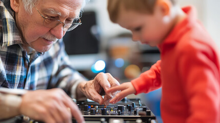 Intergenerational Activity: Grandfather showing grandson vintage records with digital music compar