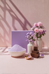 Lavender-hued powder in a bowl sits beside two small vases of purple and pink flowers, a purple cube, and small brown boxes on a pink surface with patterned shadows