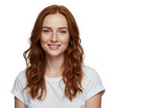 Smiling young woman with long wavy red hair and freckles