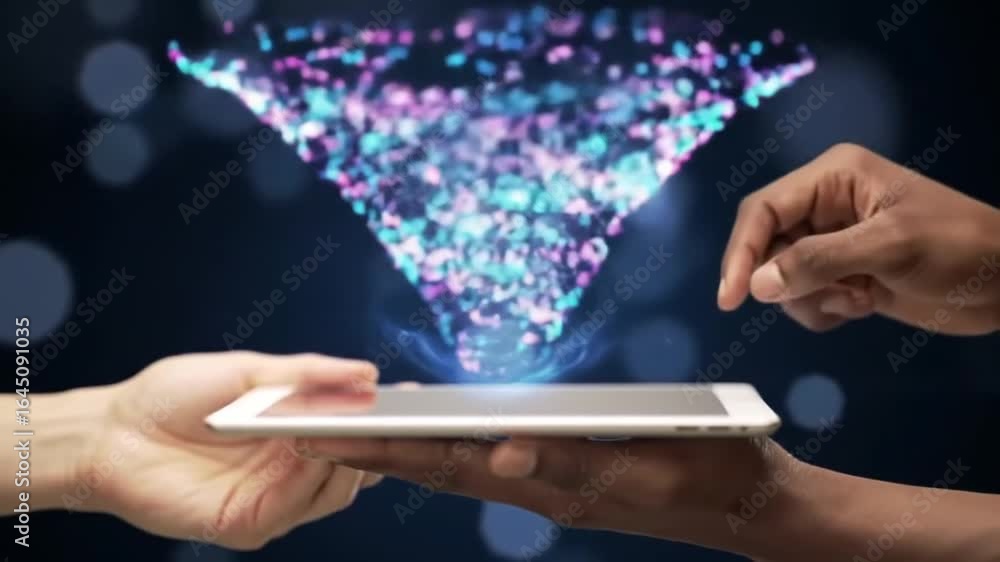 Poster two hands holding digital tablet with abstract data stream over a gradient background