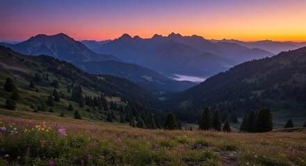 Obraz premium Breathtaking Mountain Landscape at Dusk with Vibrant Sunset Colors
