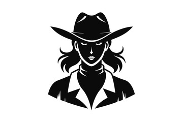 Intimidating black silhouette depicts an assertive cowgirl wearing a broad hat and fitted jacket