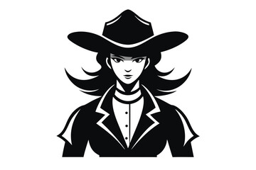 Bold cowgirl wearing a stylish western jacket and large cowboy hat faces the viewer