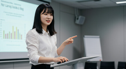 Young Asian businesswoman giving presentation.