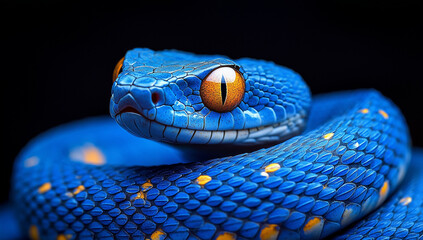 Fototapeta premium A stunning close-up of a vibrant blue pit viper snake with intense yellow eyes, a powerful concept of wild beauty, perfect for wildlife subjects