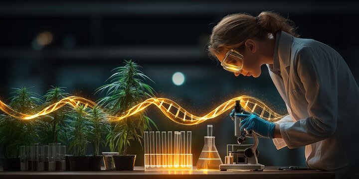 Scientist researches plant genetic modification to develop improved and resilient crop varieties for future agriculture - Powered by Adobe