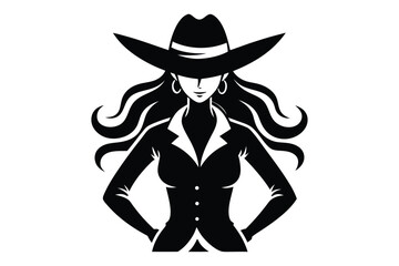 Confident cowgirl wearing a hat and jacket strikes a pose against a white backdrop