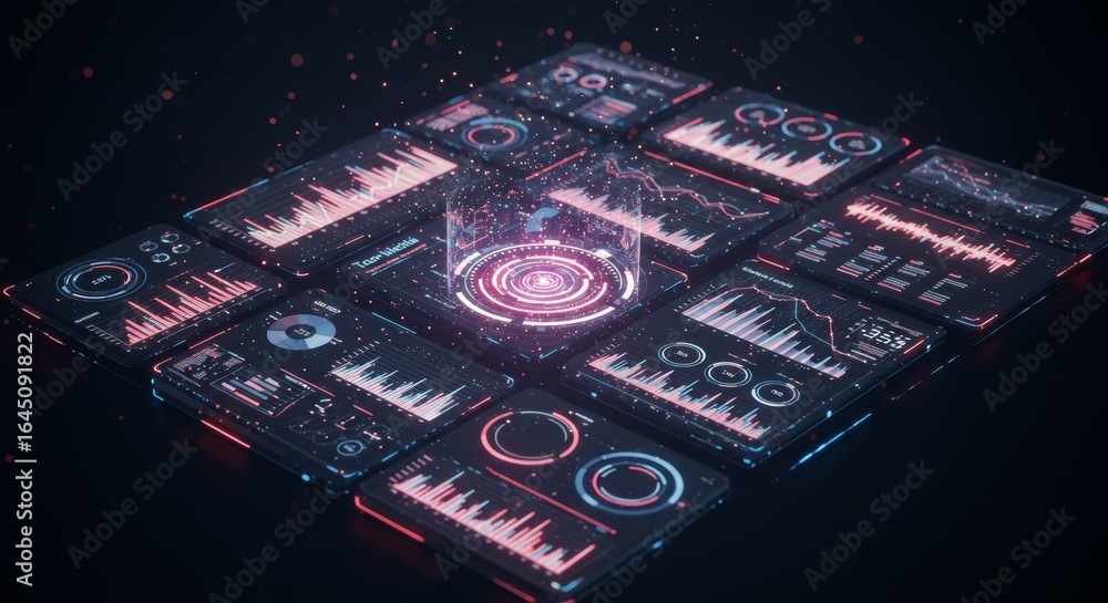 Poster futuristic digital dashboard visualizing complex data analytics