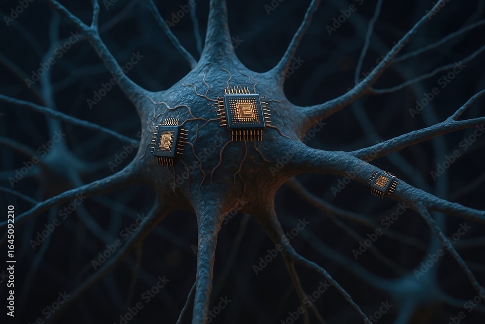 Poster neural network with microchip implants illustrating behavioral economics strategy advanced technolog