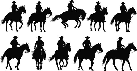 Cowboy riding horse silhouette collection, western equestrian scene, black vector illustration, ranch lifestyle, rodeo performance, cowboy culture, country horseback riding art