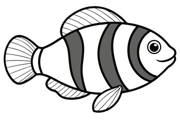 Cartoon clownfish with bold stripes and fins swims on a white background