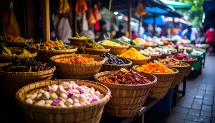 Fototapeta premium Colorful market stalls overflowing with spices and produce