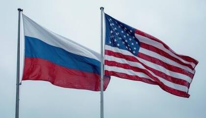 Fototapeta premium Russian and American flags together, symbolizing partnership in a cloudy atmosphere