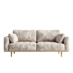 Fototapeta premium A modern and comfortable beige fabric sofa with a clean design and wooden legs, isolated on transparent background