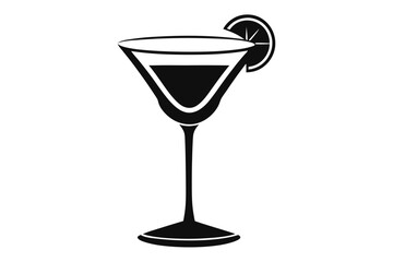 Isolated martini glass silhouette holds dark liquor with an orange slice decoration on white