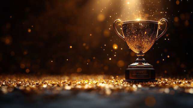 A gleaming golden trophy cup with sparkling gold confetti against a dark background, a concept of victory perfect for celebrating an achievement
