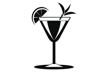 Black silhouette of a cocktail glass with orange slice and leaves on white