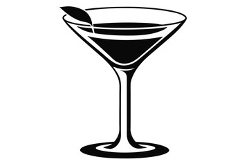 Black silhouette shows elegant martini glass with olive resting on white background
