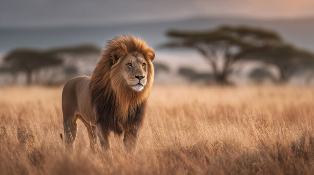 Adult male lion gazing into distance in grassy savannah