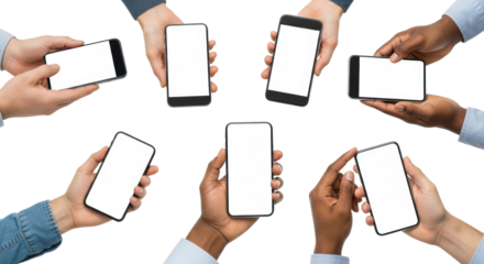 Multiple diverse hands (light, medium, dark skin) holding modern, sleek smartphones with blank white screens on a transparent background, ample copy space. Concept of technology product diversity