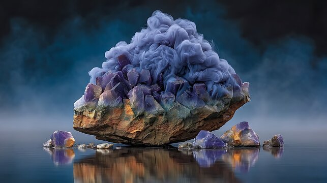 Blurred reflective glass fragments floating in a blue fog