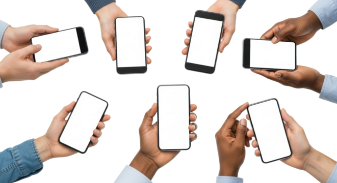 Multiple diverse hands (light, medium, dark skin) holding modern, sleek smartphones with blank white screens on a transparent background, ample copy space. Concept of technology product diversity