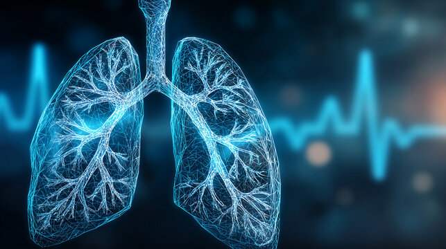 Digital anatomy of human lungs in neon blue with EKG background