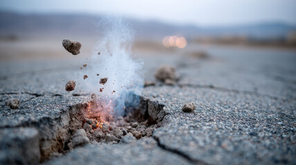 Exploding debris on cracked asphalt road surface.