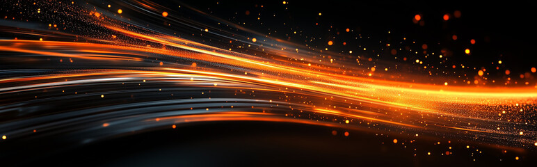 A panoramic abstract banner with fiery orange light streaks on a dark background, a concept of high-speed motion, perfect for wide tech visuals