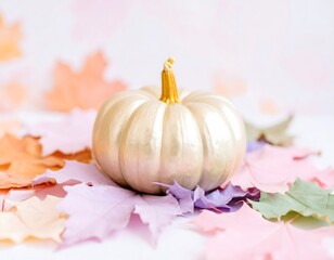 A stylish golden pumpkin on a bed of pastel-colored autumn leaves. Modern fall decor concept with a soft, bright background.