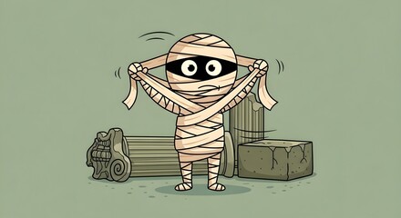 Cartoon Mummy Adjusting Wraps in Ancient Ruins, Expressive Eyes, Olive Green Background