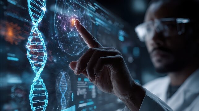 DNA Research with Scientist Analyzing Genetic Data on Digital Interface