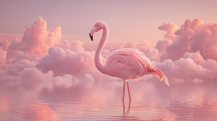 Fototapeta premium Single flamingo wading in shallow pastel water under soft light