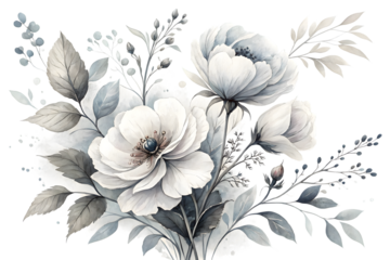 Elegant white floral bouquet watercolor illustration isolated on transparent background. Flower PNG.
