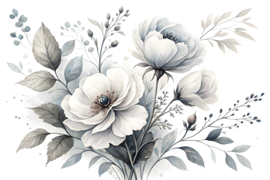 Elegant white floral bouquet watercolor illustration isolated on transparent background. Flower PNG. - Powered by Adobe