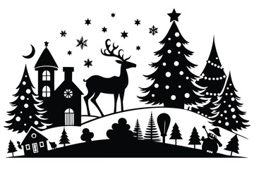 Obraz premium Black reindeer silhouette among Christmas trees, snowflakes, and winter cottage on white background